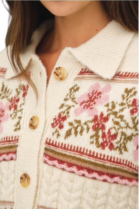 Pink & Olive Floral Collared Sweater