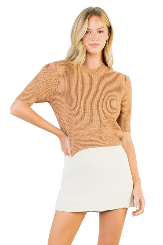 Camel Short Sleeve Knit Top