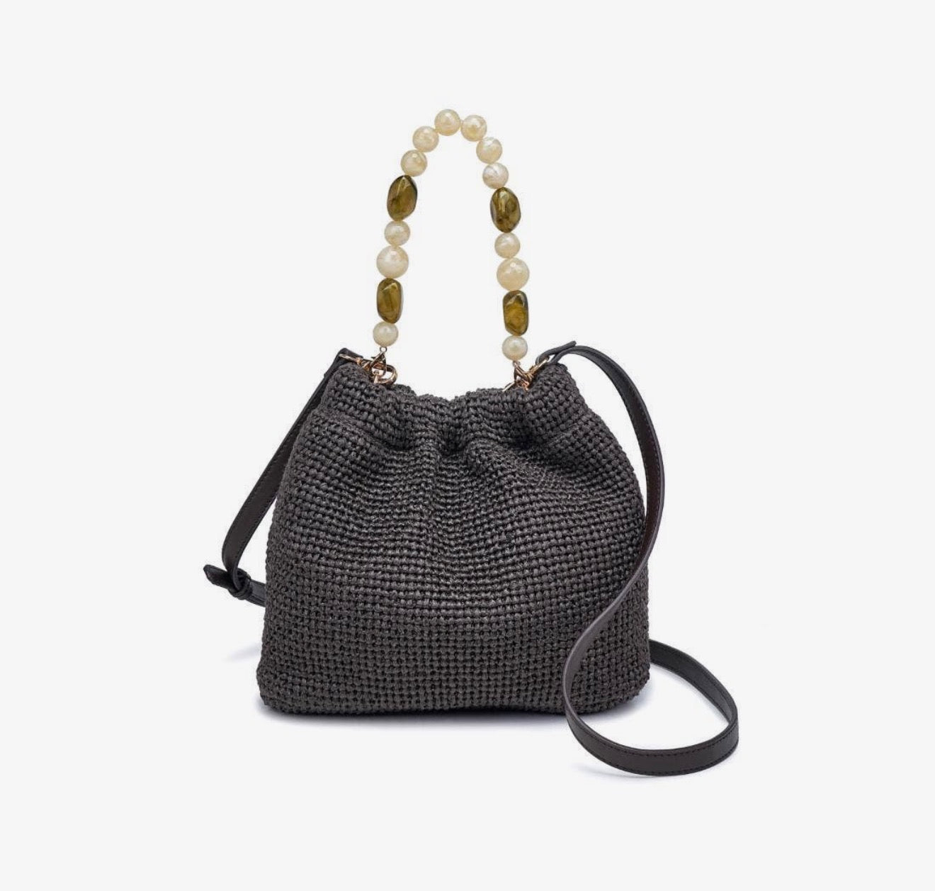 Beaded Strap Raffia Pouch Bag