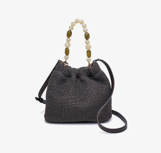 Beaded Strap Raffia Pouch Bag