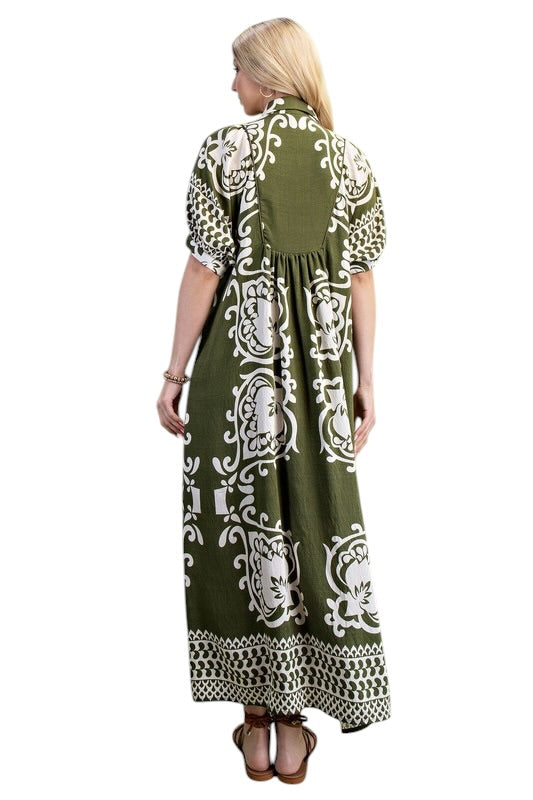 Smocked Collared Medallion Midi- 2 Colors