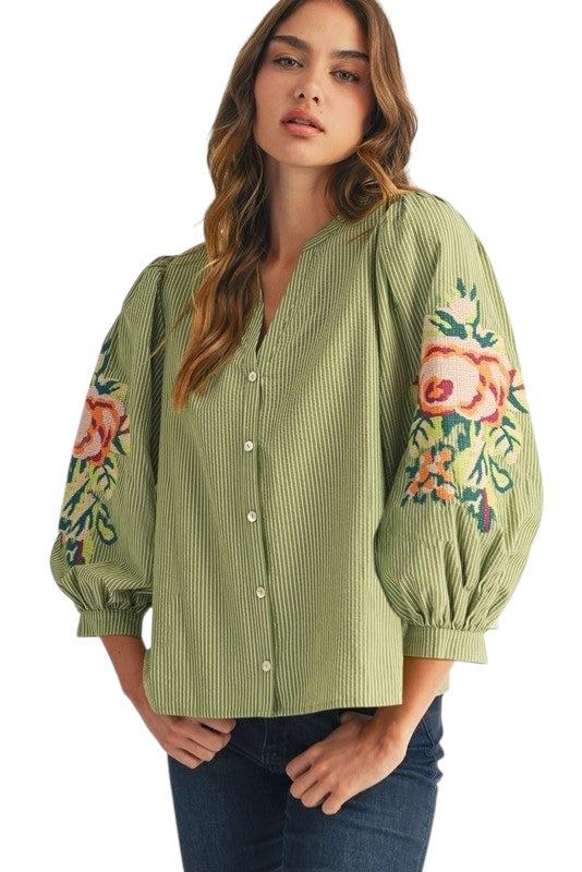 Olive Stripes Embroidered Top