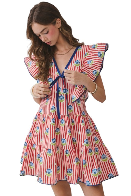Red Stripe Ruffle Shoulder Mini