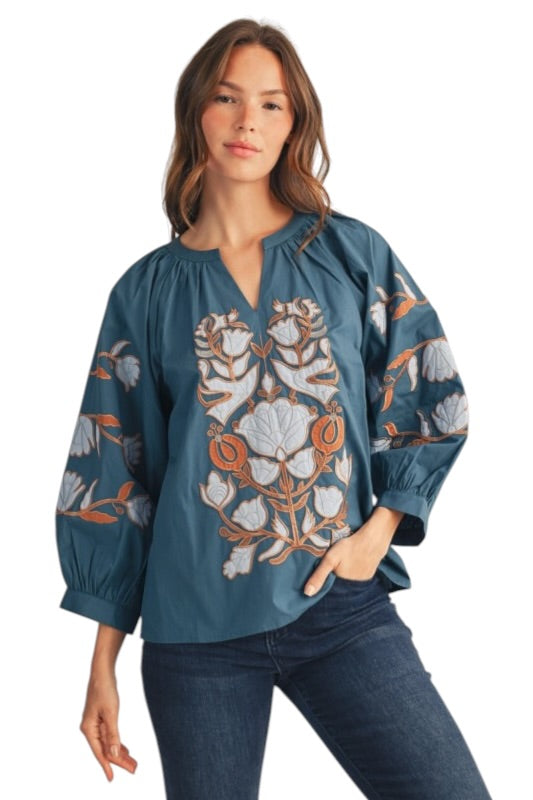 Teal Baroque EmbroideredTop