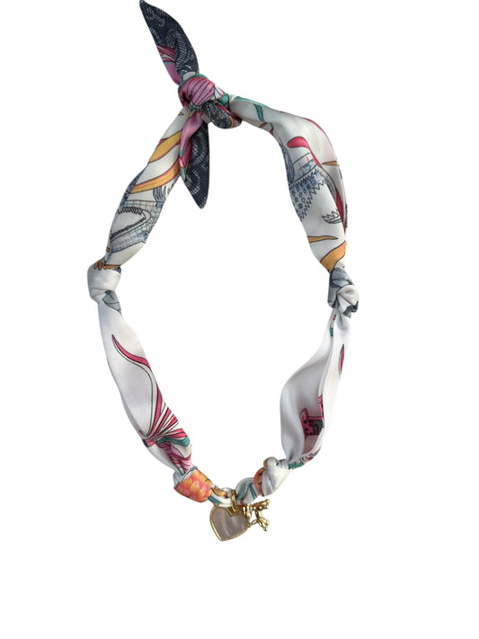 White Safari Toile Scarf Necklace W/ Mother of Pearl Heart & Balloon Dog Charm
