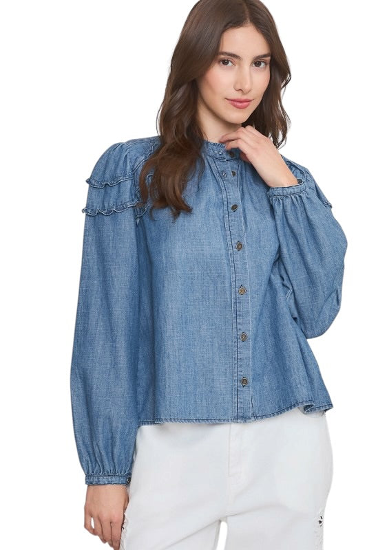 Ruffle Shoulder Denim Blouse