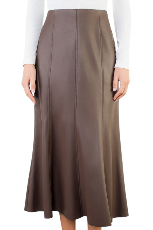 Vegan Leather Midi Skirt in Brown