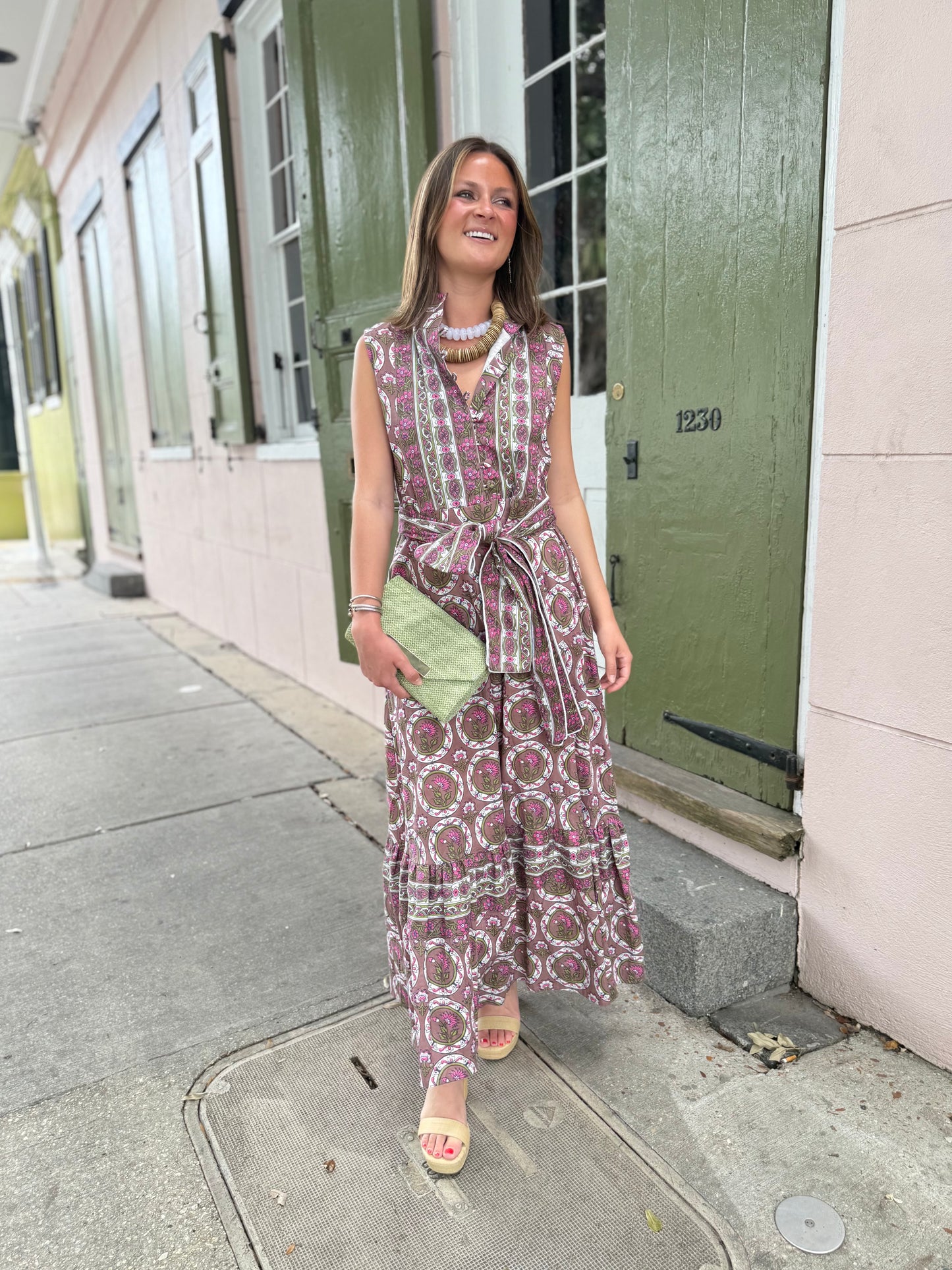Sleeveless State Street Maxi in Peri & Pink Circles