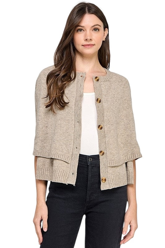 Button Front Cape Sweater in Taupe