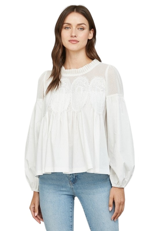 Poplin & Lace Top in White