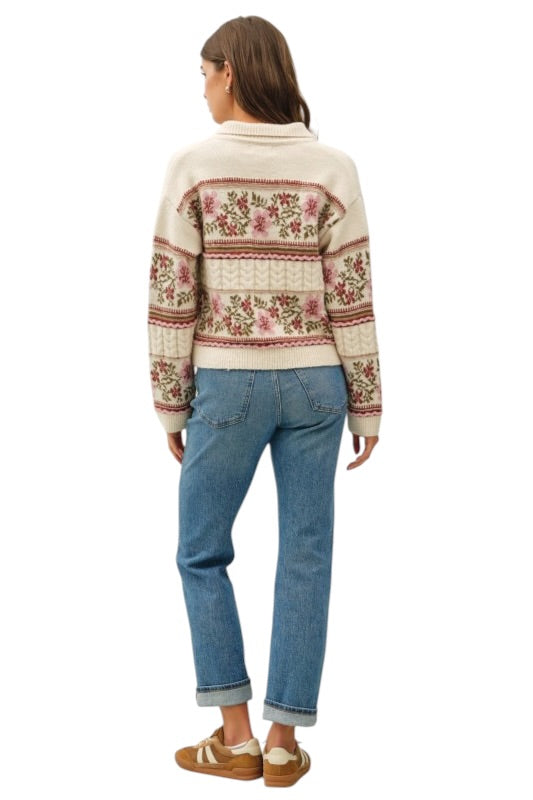 Pink & Olive Floral Collared Sweater