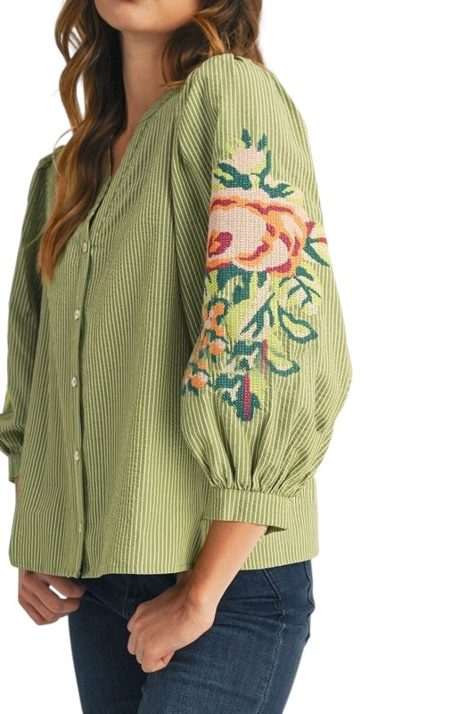 Olive Stripes Embroidered Top