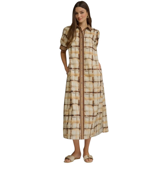 Brown Abstract Plaid Midi