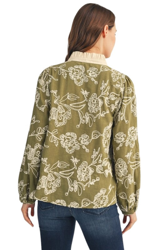 Olive Embroidered Florals Top