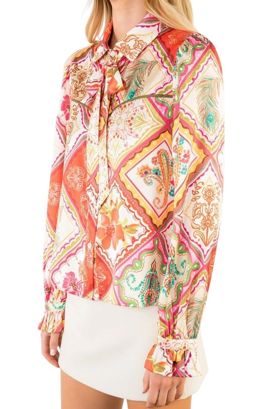 Tie Neck Satin Squares Blouse