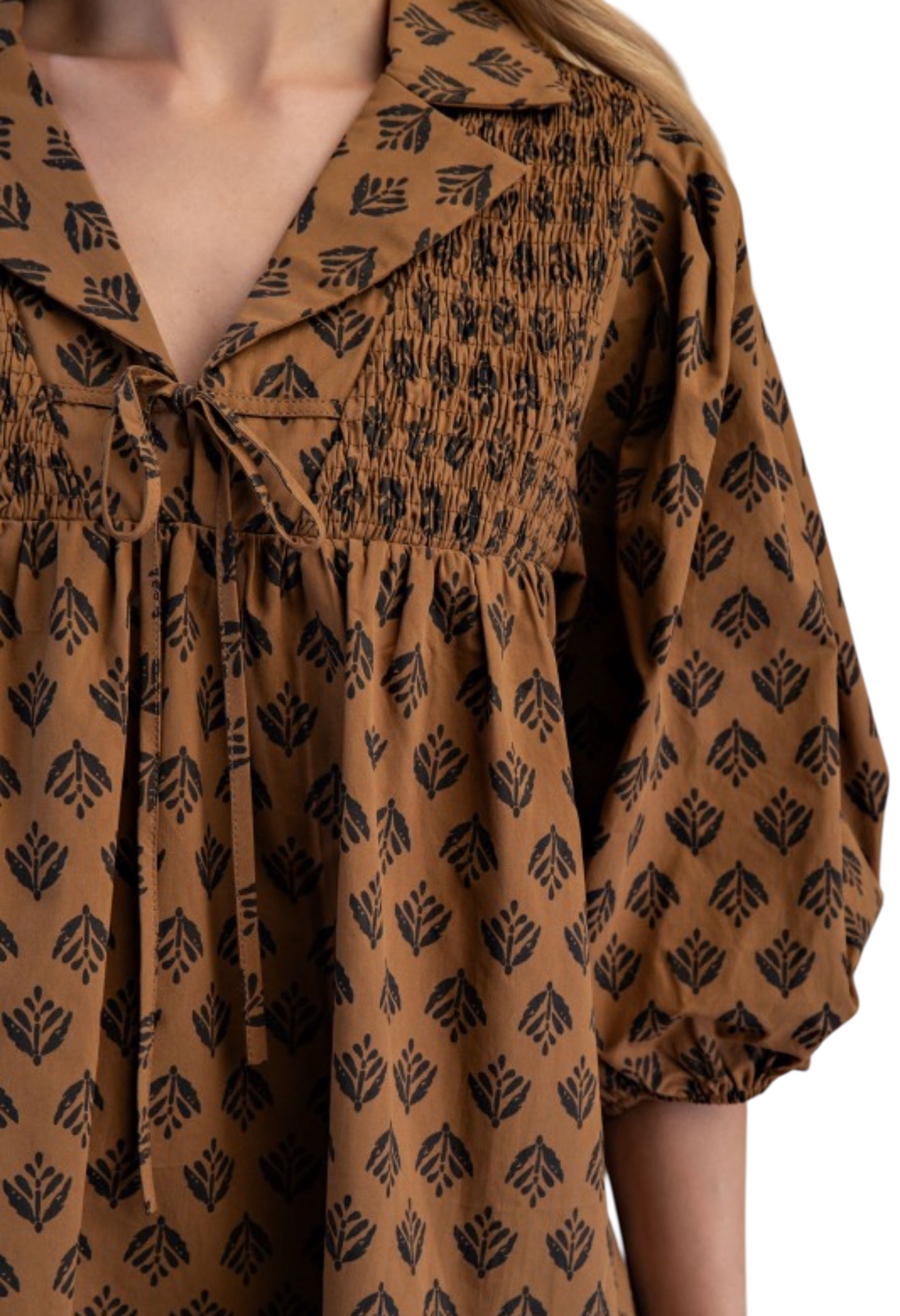 Smocked Tie Front Top in Brown & Black