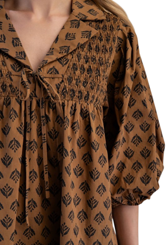 Smocked Tie Front Top in Brown & Black