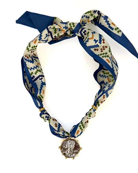 Navy Quilt Scarf Necklace w/ Coin Pendant