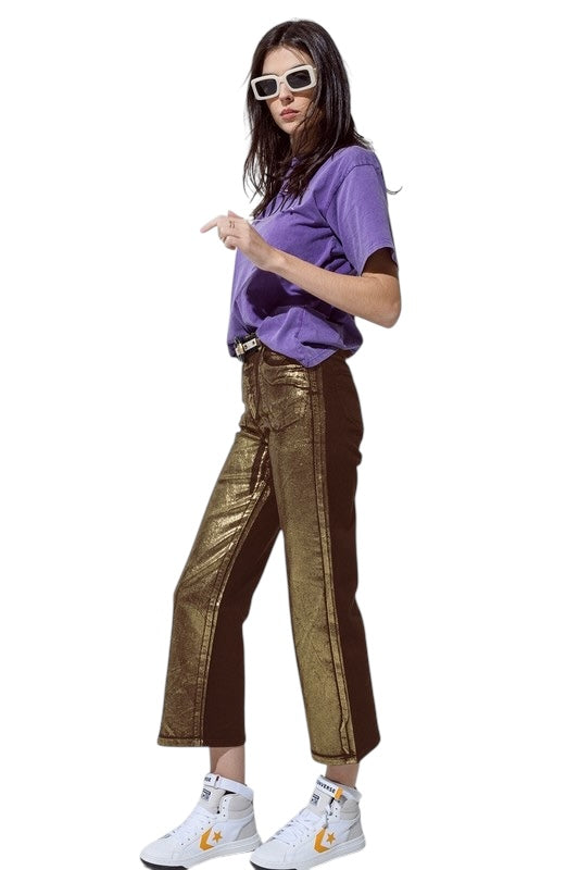Chocolate Wide Leg Jeans w/ Gold Metallic Finish