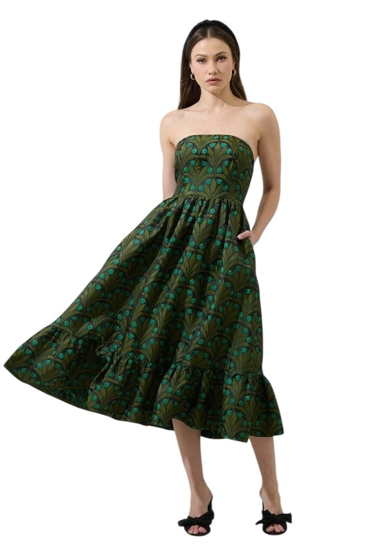 Olive Jacquard Strapless Midi