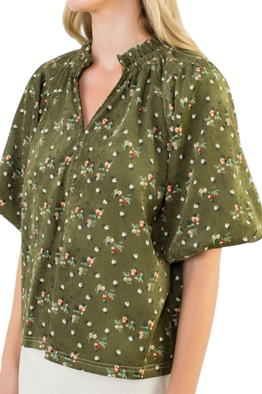Olive Floral Corduroy Top