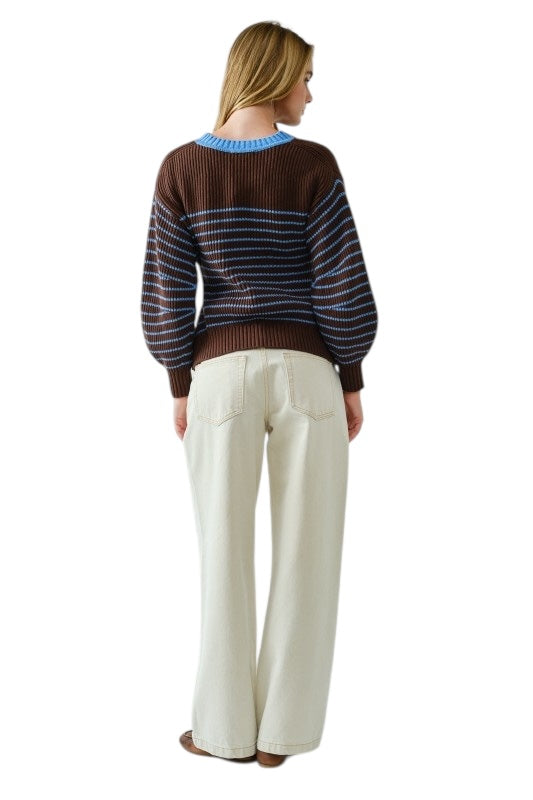 Chocolate & Blue Balloon Sleeve Cardigan