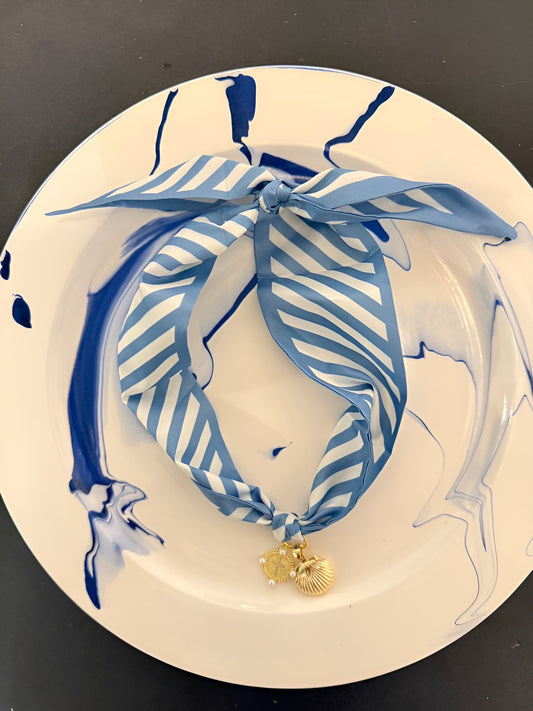 Blue Stripe Scarf Necklace w/ Clam Locket & Pearl Cross Charm