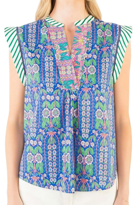 Blue Florals Stripe Cap Sleeve Top