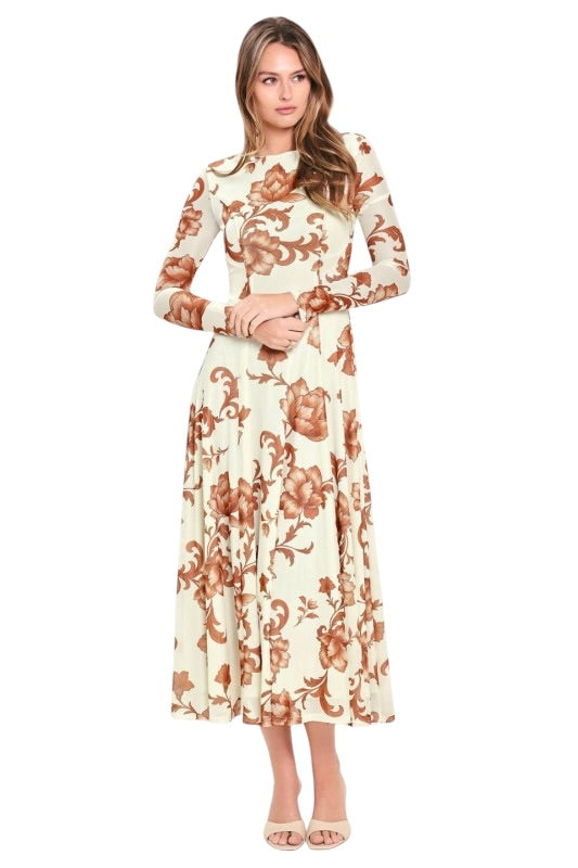 Ivory & Brown Florals Mesh Midi