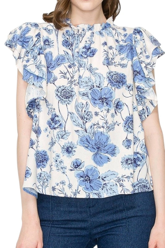 Blue Floral Linen Top