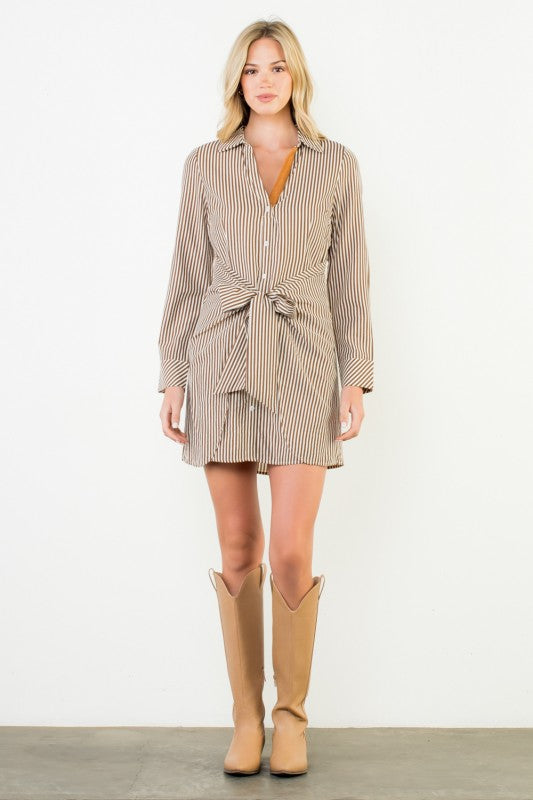 Faux Wrap Shirt Dress in Brown