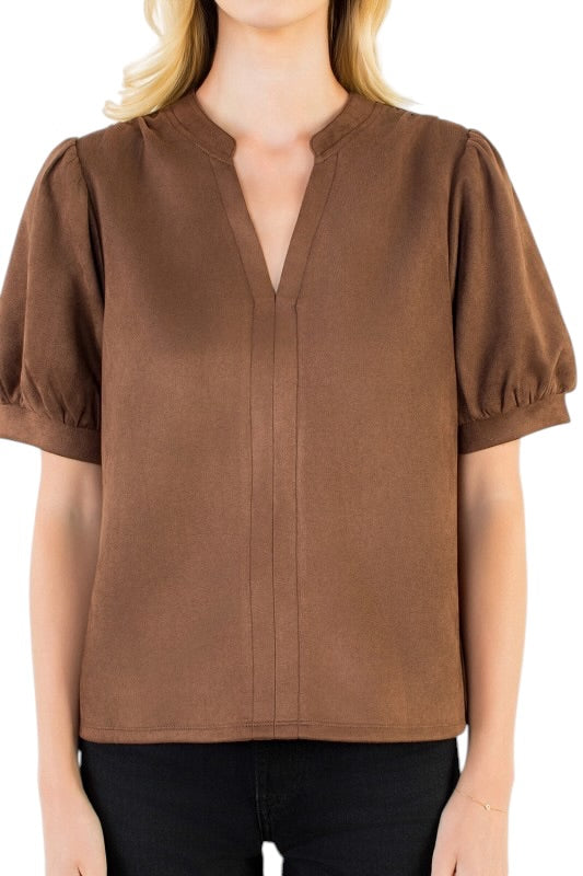 Faux Suede Notched Neck Top- 3 Colors