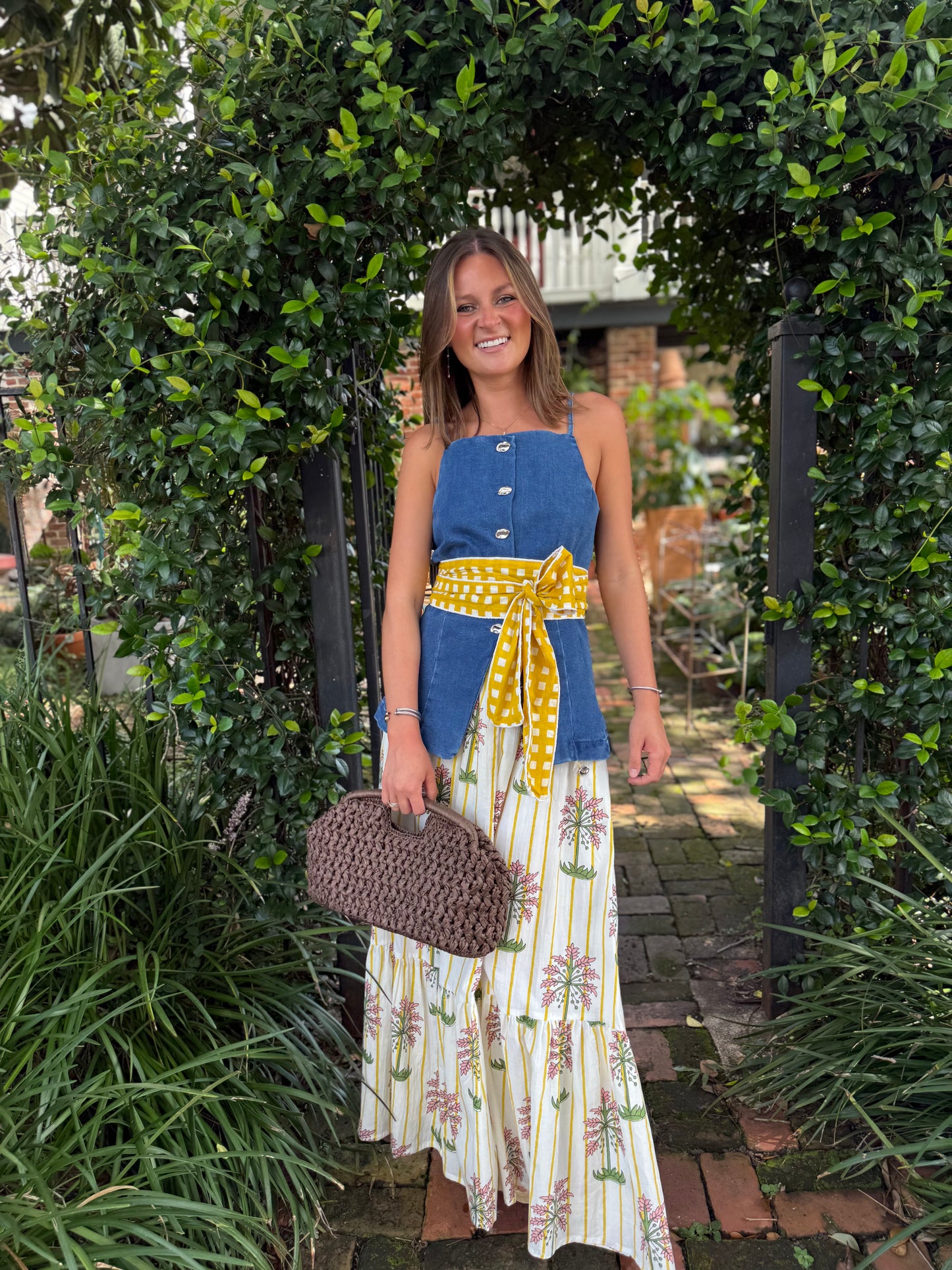 Uptown Skirt in Yellow Floral Stripe + Gingham Belt