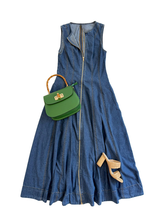 Zip Front Denim Midi