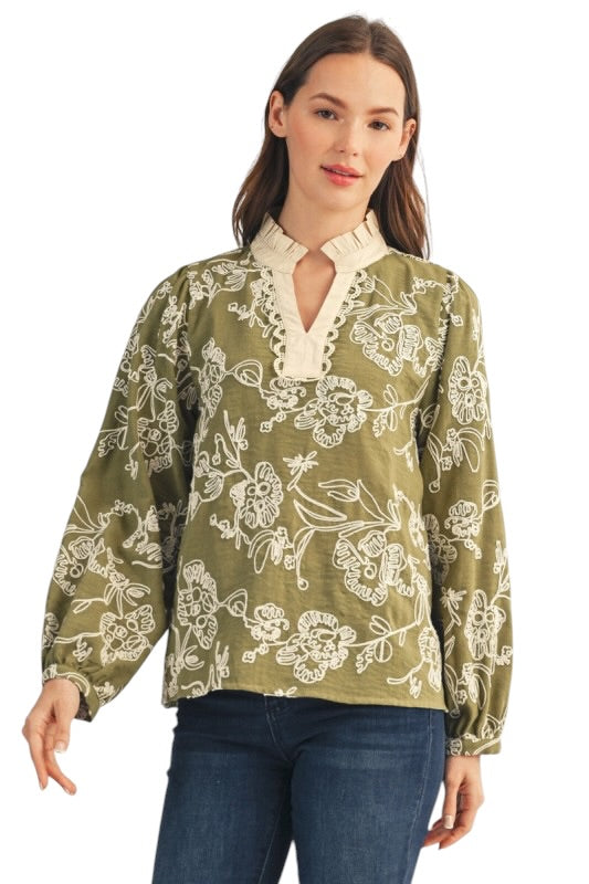 Olive Embroidered Florals Top