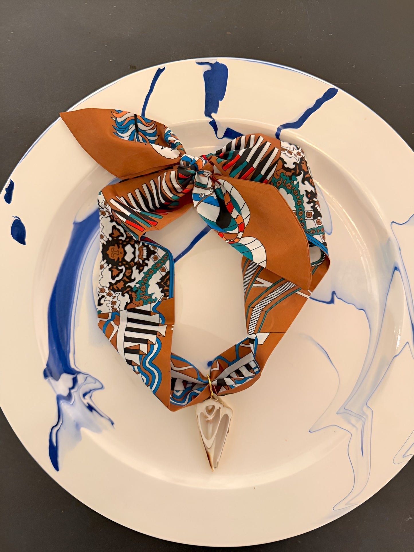 Camel Scarf Necklace w/ Flat Spiral Shell Pendant