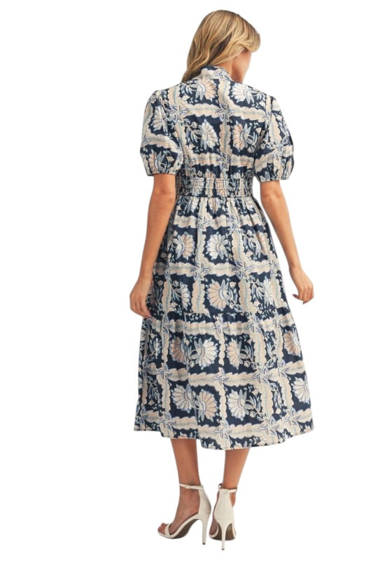 Navy Floral Squares Midi