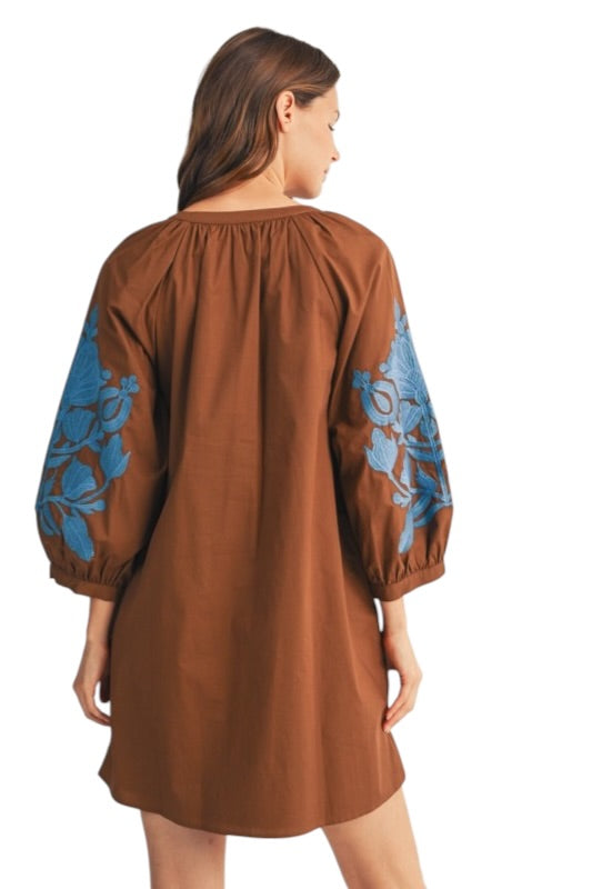 Chocolate & Blue Embroidered Shift