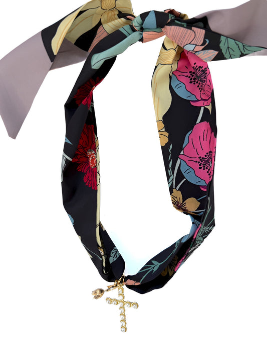 Floral Scarf Necklace w/ Gold Pearl Cross & Tulip Charm