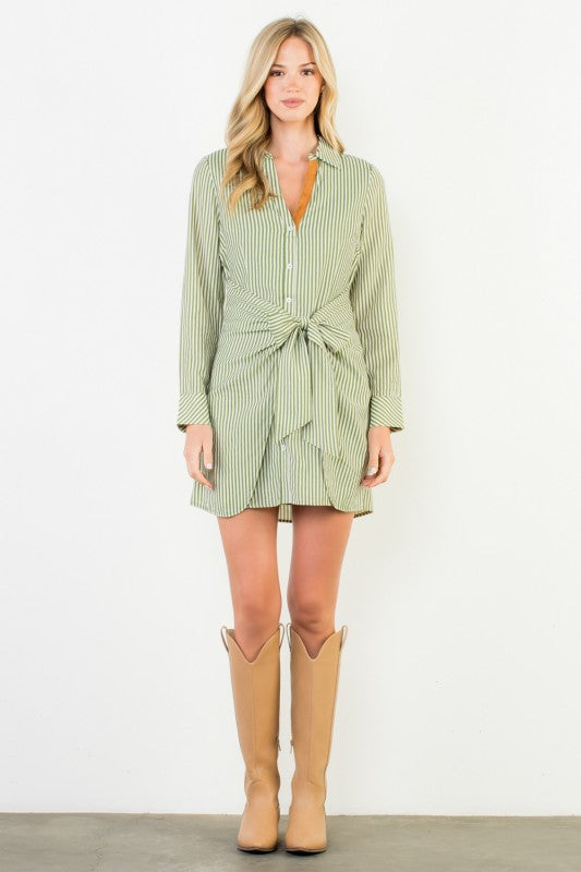 Faux Wrap Shirt Dress in Olive