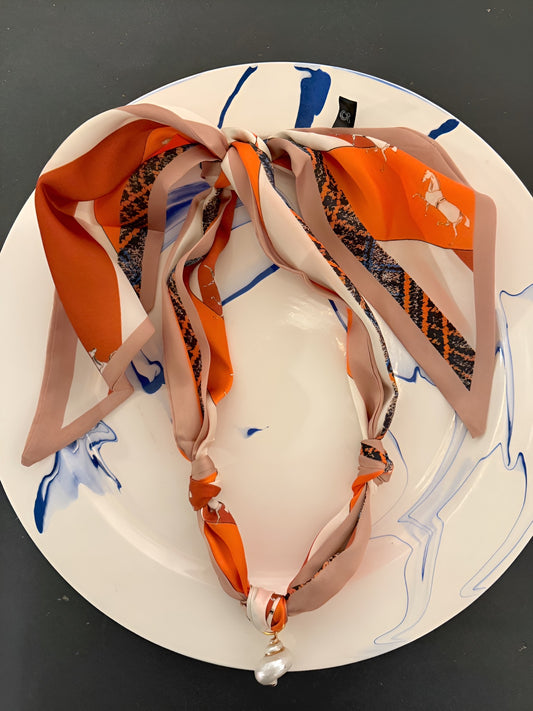 Orange Equestrian Scarf Necklace w/ Shell Pendant