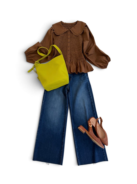 Smocked Peplum Top in Brown