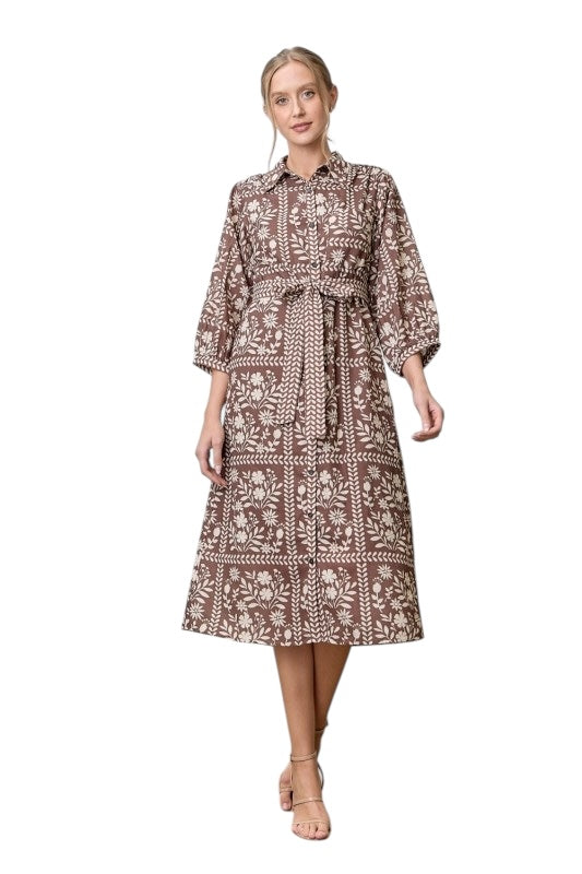 Brown Tiles Belted Midi- Offered in Plus Sizes