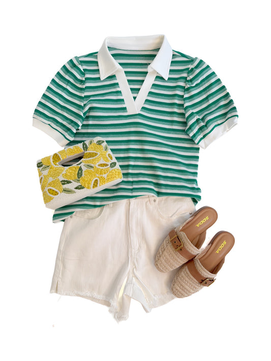 Collared Stripe Knit Top in Green