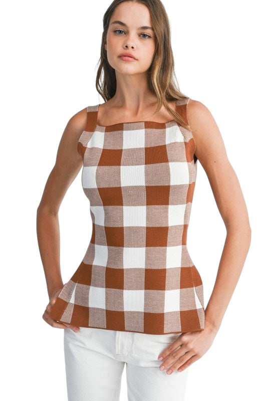 Gingham Knit Top in Brown