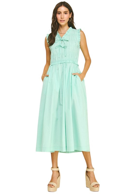 Smocked Tie Front Midi in Aqua