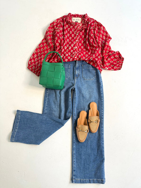 Ellen Blouse in Red Blockprint