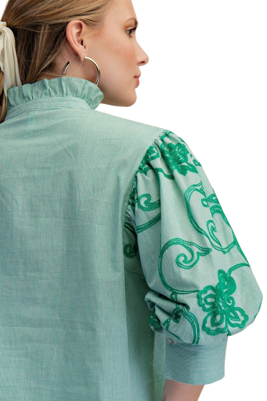 Green Stripe Embroidered Sleeve Top