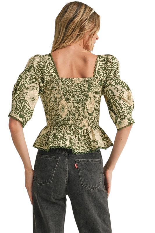Olive Mixed Pattern Peplum Top