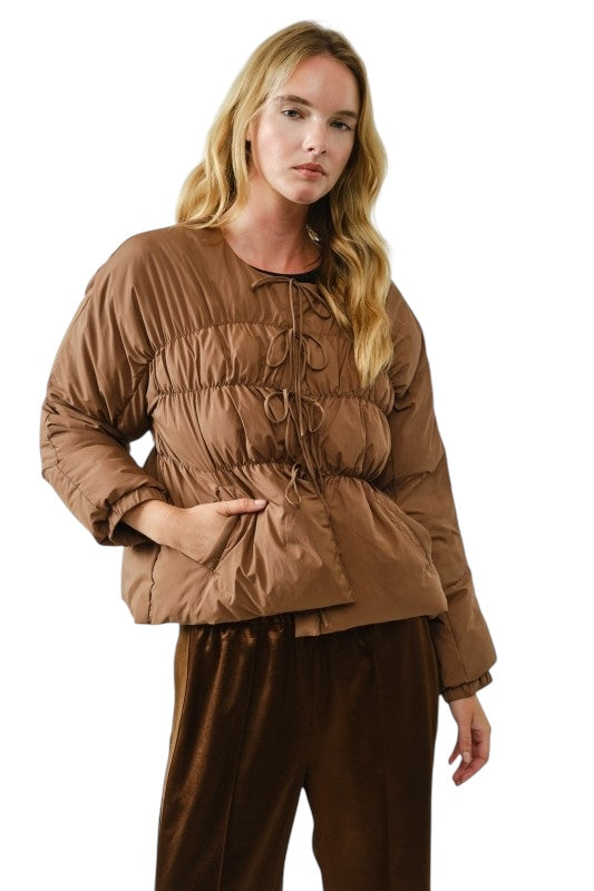 Tie Front Puffer Jacket- 2 Colors